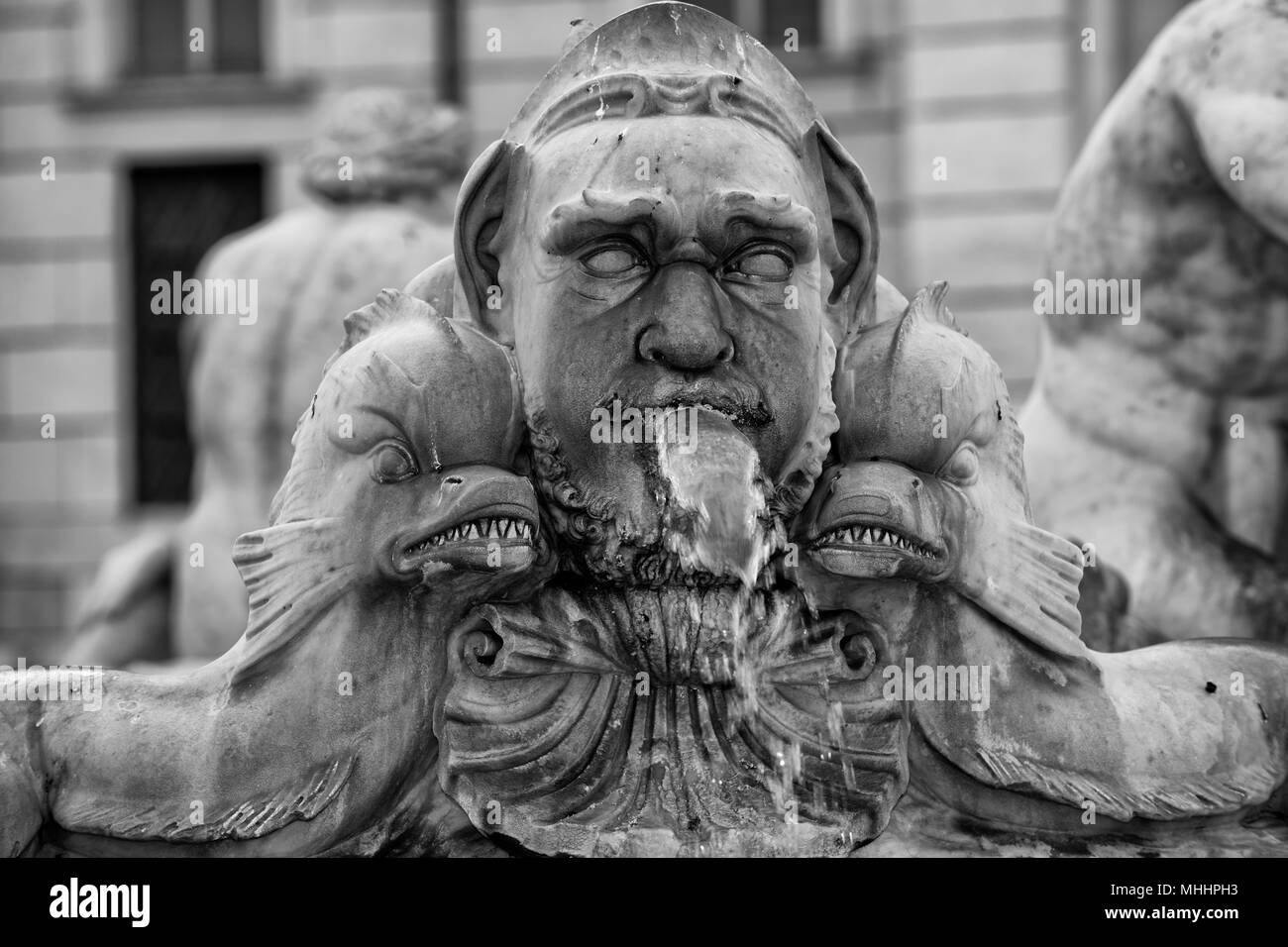 A Roma un particolare in bianco e nero di piazza navona fontana Foto Stock