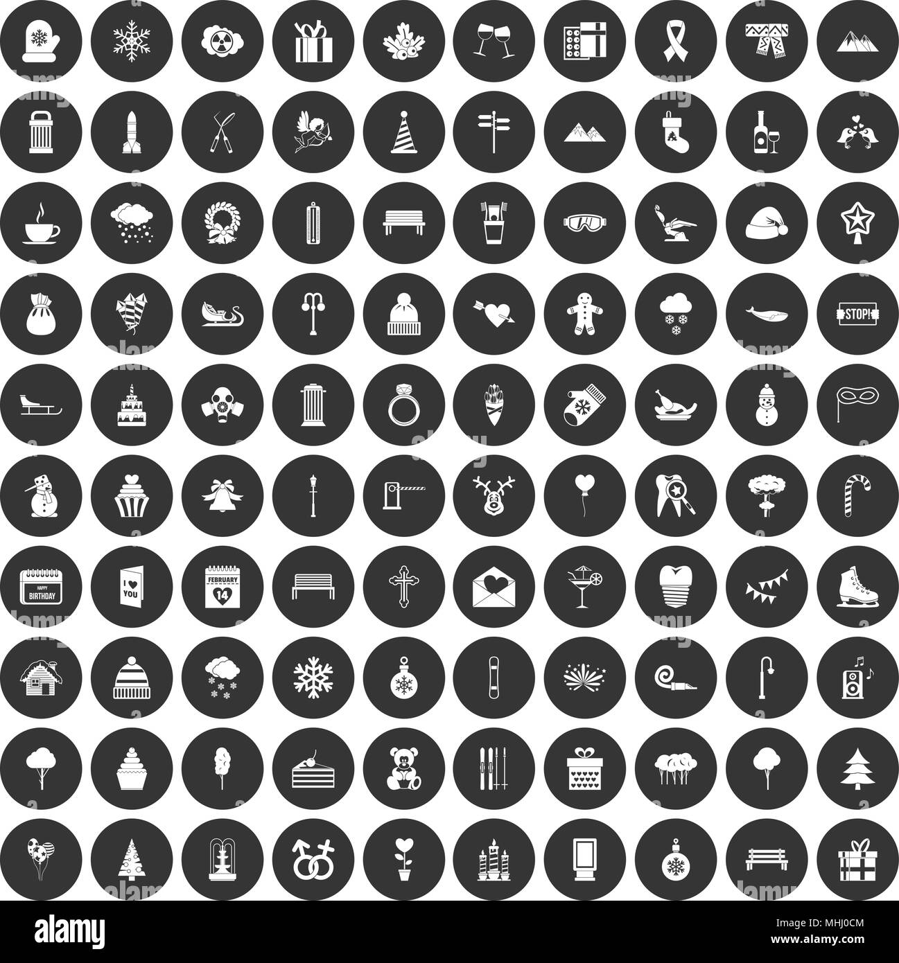 100 vacanze invernali set di icone cerchio nero Illustrazione Vettoriale