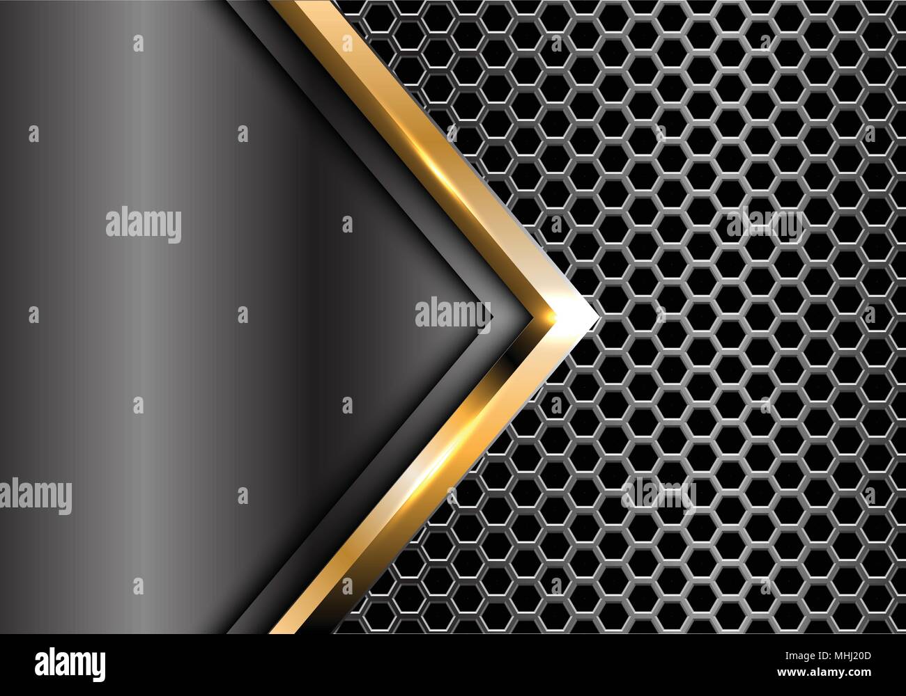 Abstract freccia oro grigio metallo sulla maglia esagonale pattern design moderno lusso futuristico vettore sfondo immagine. Illustrazione Vettoriale