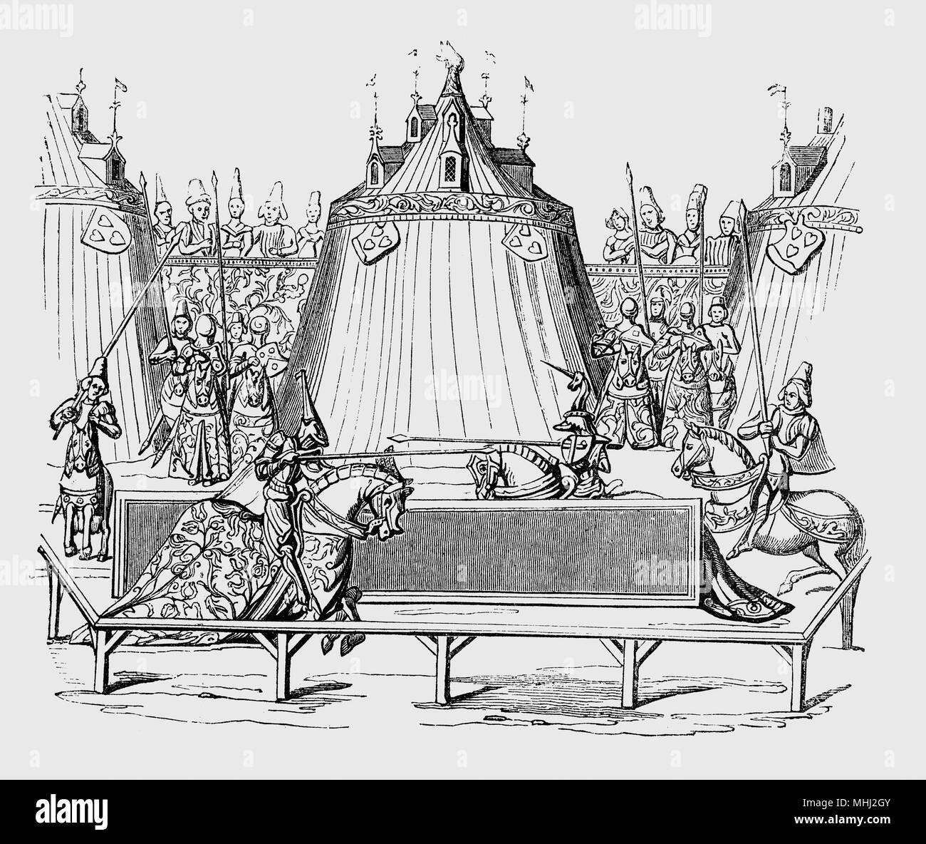 Il torneo ha avuto una rinascita di popolarità in Inghilterra nella prima metà del XIV secolo, tuttavia è morto durante il regno di Edoardo III che ha incoraggiato il movimento verso il fasto e una predominanza della giostra in suo eventi sponsorizzati. In ultimo vero torneo tenutasi in Inghilterra nel 1342 a Dunstable, la mêlée è stato rinviato così a lungo da giostre che il sole stava affondando da tempo le linee caricate. Il torneo è sopravvissuto poco più a lungo in Francia o in Borgogna. L'ultima nota per essere trattenuto è stato a Bruges nel 1379. Foto Stock