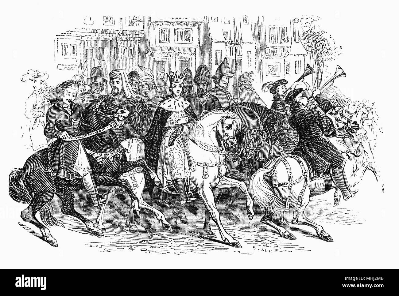 Enrico VI (1421-1471), re d'Inghilterra dal 1422 al 1461 e di nuovo dal 1470 al 1471, escursioni a cavallo con cortigiani nelle strade di Londra, Inghilterra. Henry è nato il 6 dicembre 1421 a Windsor, l'unico figlio di Re Enrico V di Inghilterra. Egli divenne re all'età di nove mesi il 31 agosto 1422, quando suo padre morì. Sua madre Caterina di Valois, è stata quindi solo vent'anni. Perché lei era la figlia del re Carlo VI di Francia e la Francia era stata il nemico dell'Inghilterra, il popolo inglese non ha fiducia in lei e lei non era consentito di avere una grande parte nella raccolta di suo figlio. Foto Stock