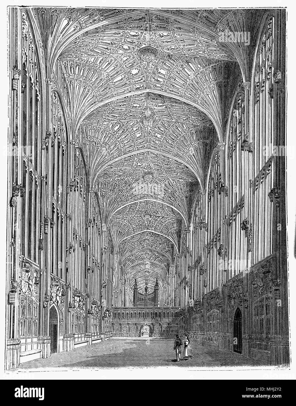 L'interno della Cappella del King's College dell Università di Cambridge. Considerato uno dei migliori esempi del tardo gotico perpendicolare architettura inglese, fu costruito in più fasi da una successione di re d'Inghilterra dal 1446 al 1515, un periodo che attraversava le guerre del Rose. La cappella di grandi vetrate colorate non sono stati completati fino al 1531, e il suo primo Rinascimento rood dello schermo è stata eretta nel 1532-36. La cappella è attiva una casa di culto e la casa del re College coro. Foto Stock