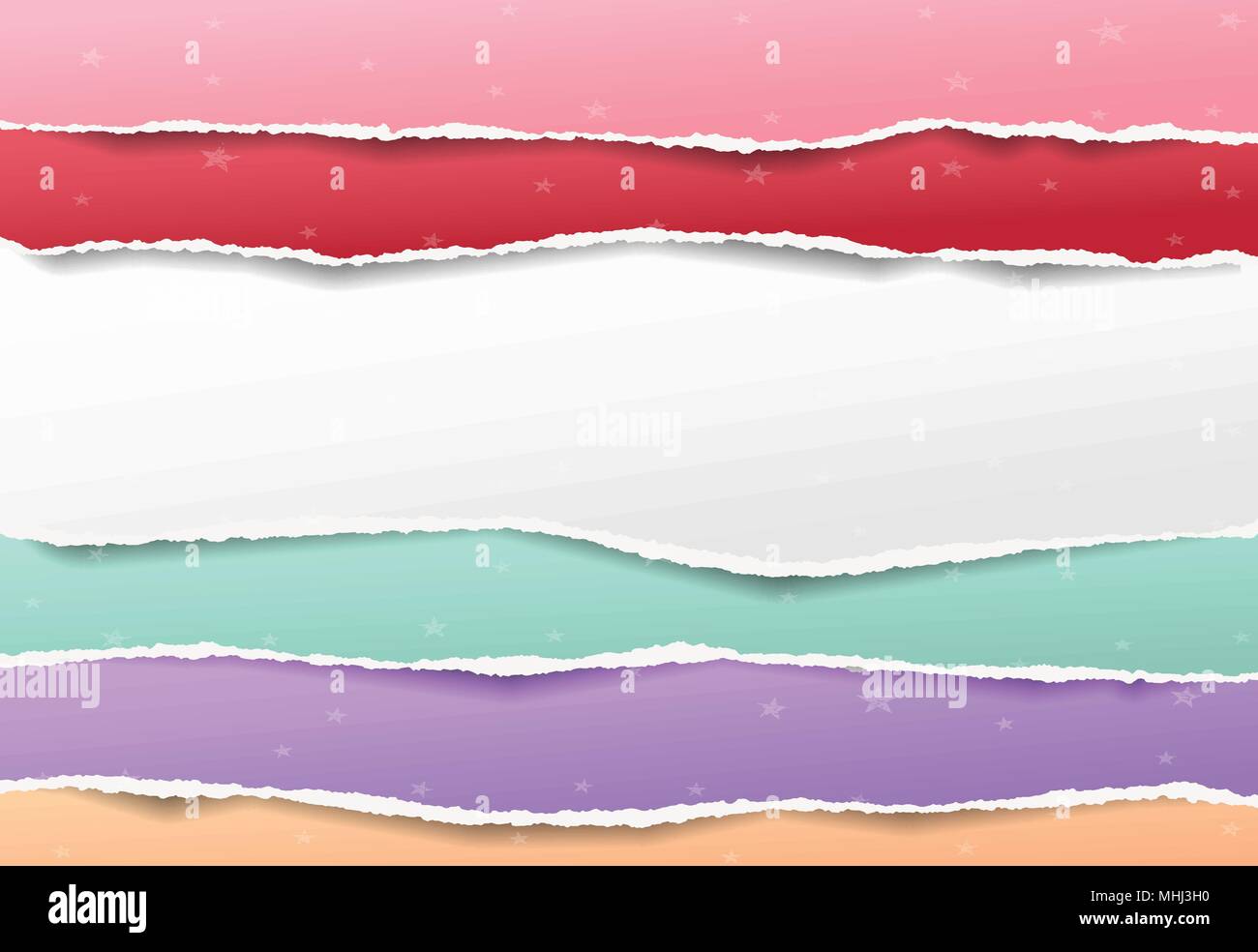 Pezzi strappati di bianca e colorata nota, notebook le strisce di carta con stelle pattern Illustrazione Vettoriale