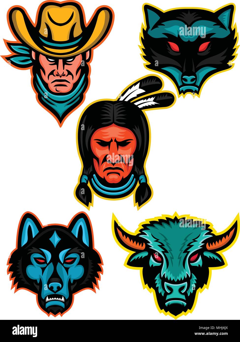 Il Mascot icona set di illustrazione della rinomata North American sports o icone sportive come il cowboy o fuorilegge, raccoon, Native American Indian chief, timb Illustrazione Vettoriale