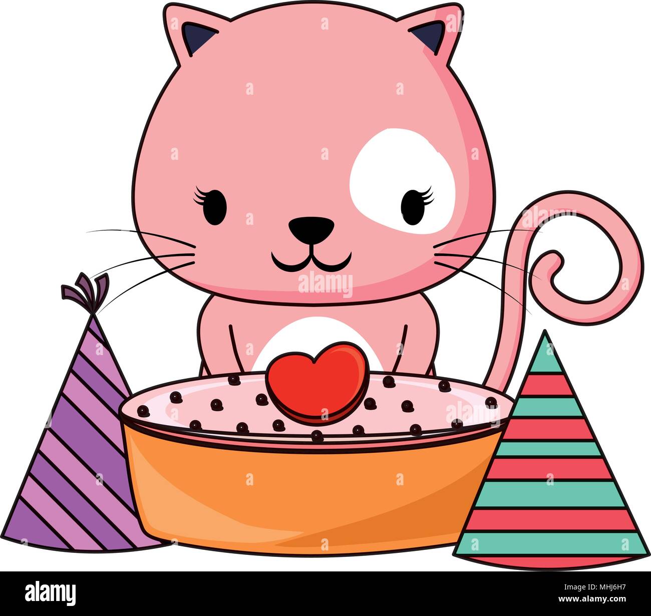 Buon compleanno design con cute cat con torta di compleanno e cappelli su  sfondo bianco, design colorato. illustrazione vettoriale Immagine e  Vettoriale - Alamy