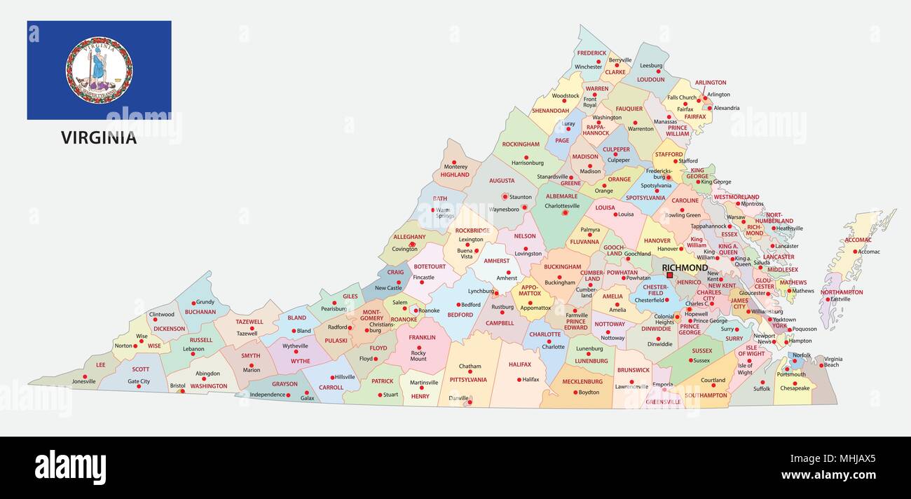 Virginia politica e amministrativa di mappa vettoriale con bandiera Illustrazione Vettoriale
