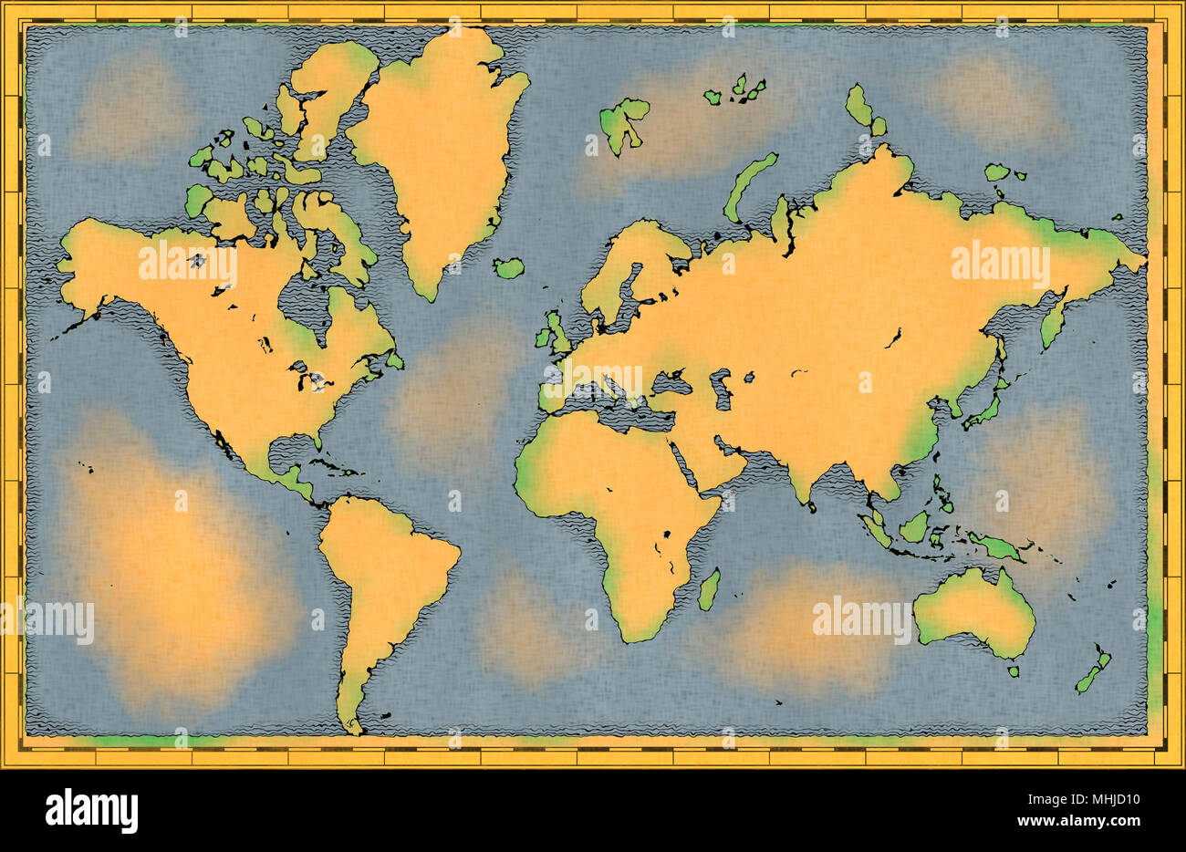 Mappa mondo disegnati a mano, illustrata la pennellata mappa geografica, fisica, la cartografia Foto Stock