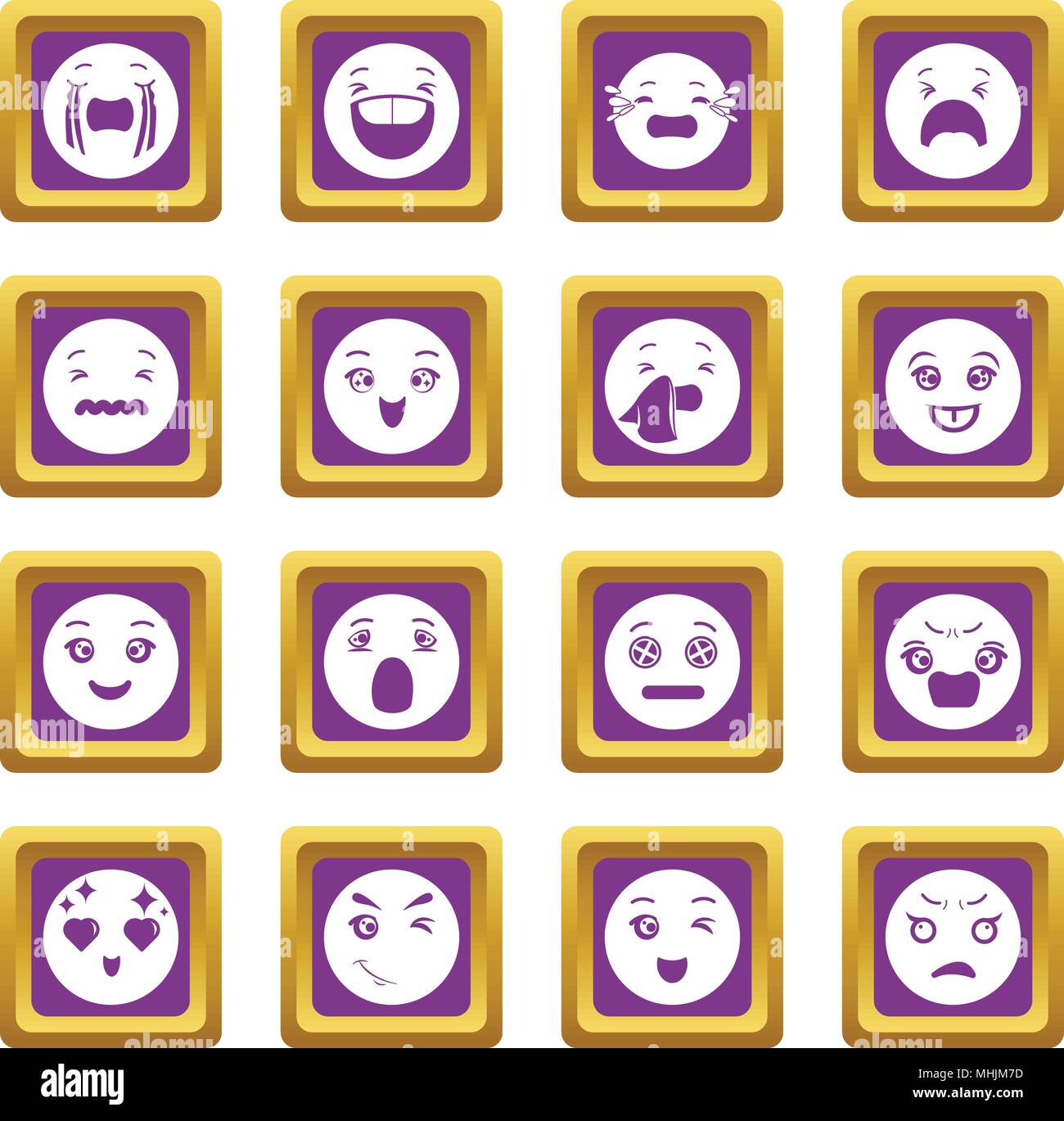 Sorrisi set di icone viola vettore quadrato Illustrazione Vettoriale