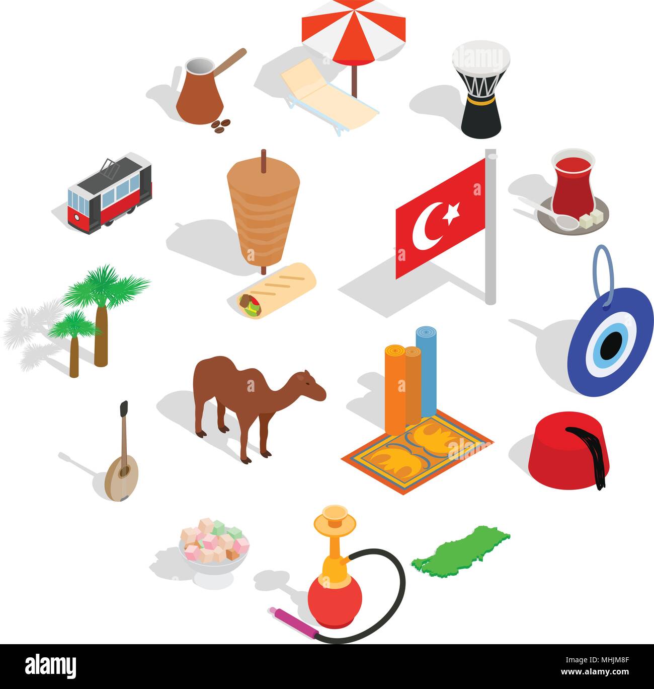 Paese Turchia set di icone isometrica 3d style Illustrazione Vettoriale