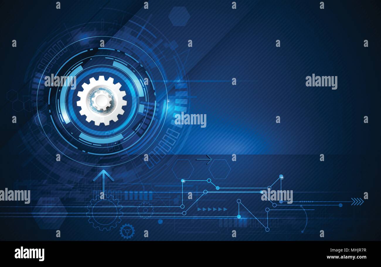 Illustrazione di vettore ruota dentata, esagoni e scheda a circuito stampato, Hi-tech la tecnologia digitale e l'ingegneria delle telecomunicazioni digitali concetto tecnologico. Abstract f Illustrazione Vettoriale