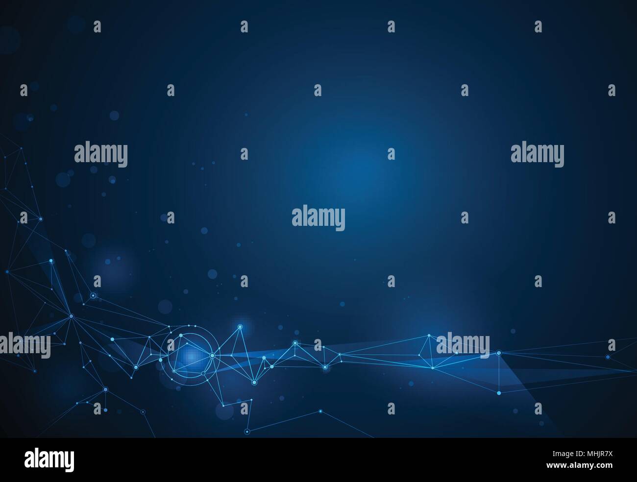 Illustrazione astratta molecole con cerchi, linee geometriche, Poligono, Triangolo pattern. Il design del vettore di comunicazione di rete sulla tecnologia blu scuro Illustrazione Vettoriale