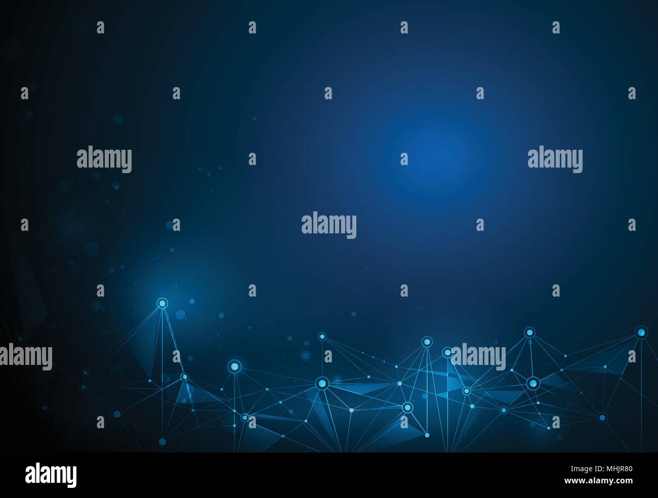Illustrazione astratta molecole con cerchi, linee geometriche, Poligono, Triangolo pattern. Il design del vettore di comunicazione di rete sulla tecnologia blu scuro Illustrazione Vettoriale