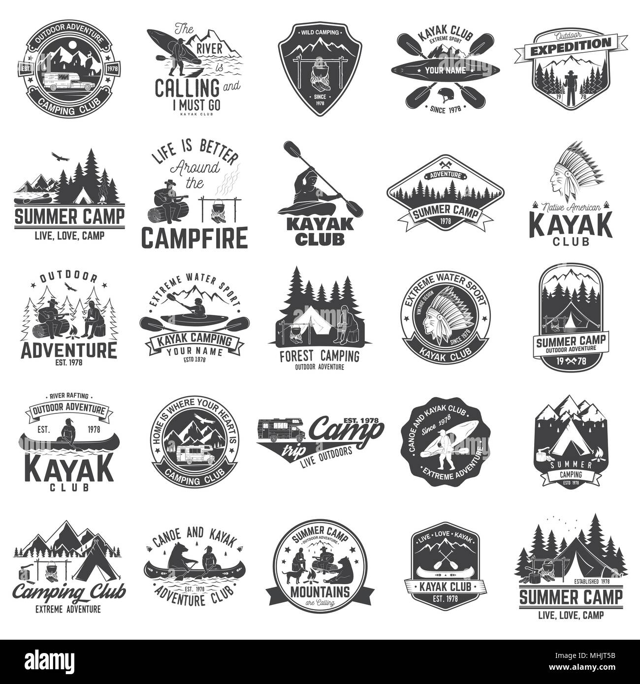 Set di canoa kayak e camping club badge Illustrazione Vettoriale