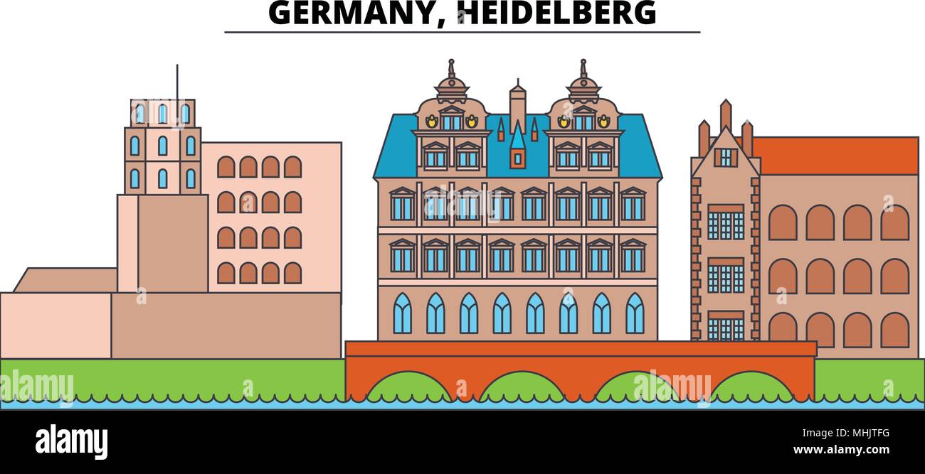 Germania, Heidelberg. Lo skyline della citta', architettura, edifici, strade, silhouette, paesaggio, panorama, punti di riferimento. Corse modificabile. Design piatto linea illustrazione vettoriale concetto. Icone isolato Illustrazione Vettoriale