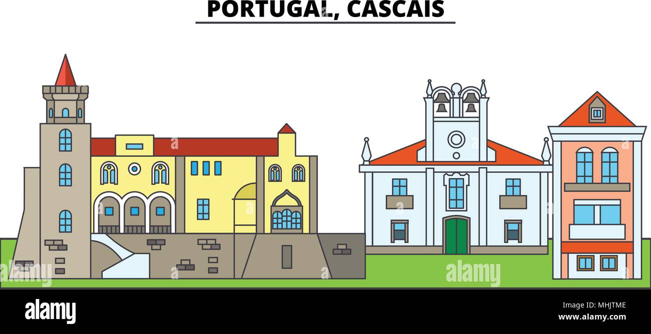 Portogallo Cascais. Lo skyline della citta', architettura, edifici, strade, silhouette, paesaggio, panorama, punti di riferimento. Corse modificabile. Design piatto linea illustrazione vettoriale concetto. Icone isolato Illustrazione Vettoriale