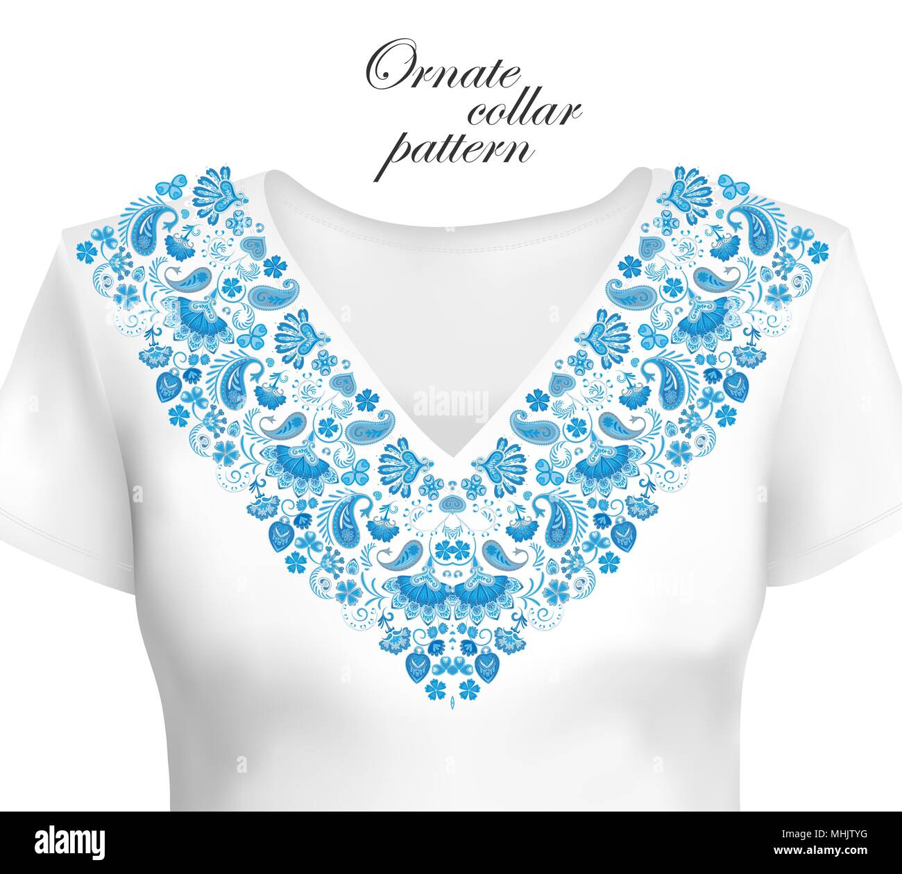 Il design del vettore per il collare, camicie, camicette. Coloratissimi fiori etnici collo. Paisley cornice decorativa. Collare di ornati pattern. Blue Illustrazione Vettoriale