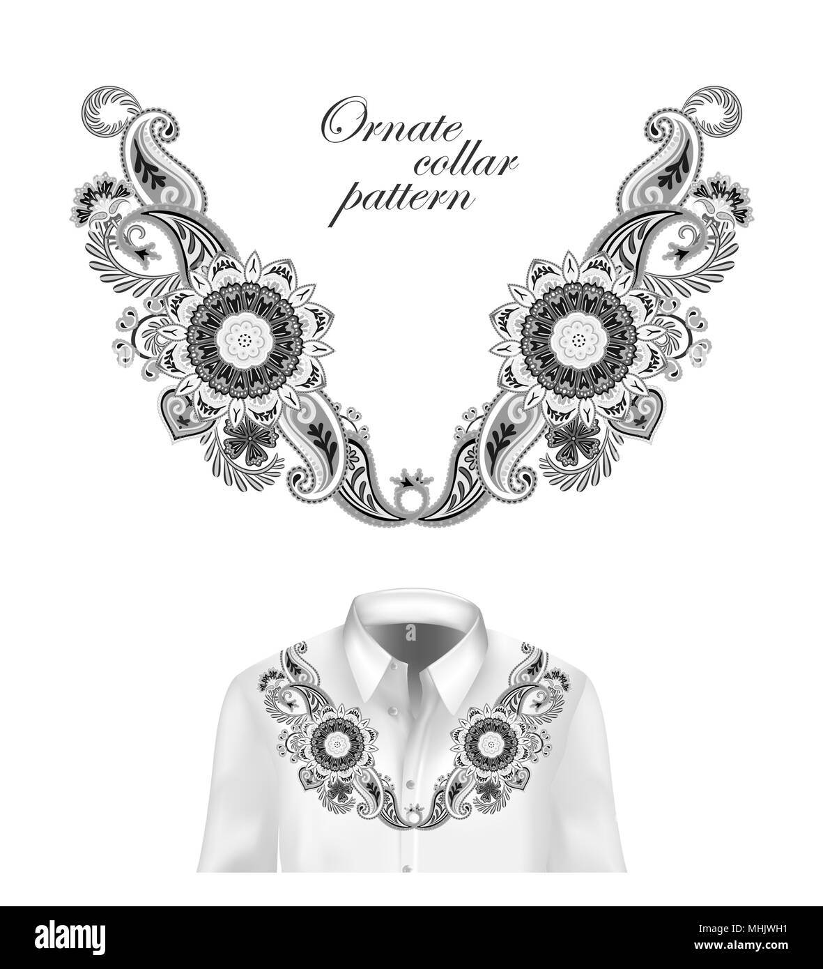 Oriental ornamento con paisley e fantasia fiori. Il design del vettore per collare camicie, camicette. Illustrazione Vettoriale. In bianco e nero Illustrazione Vettoriale