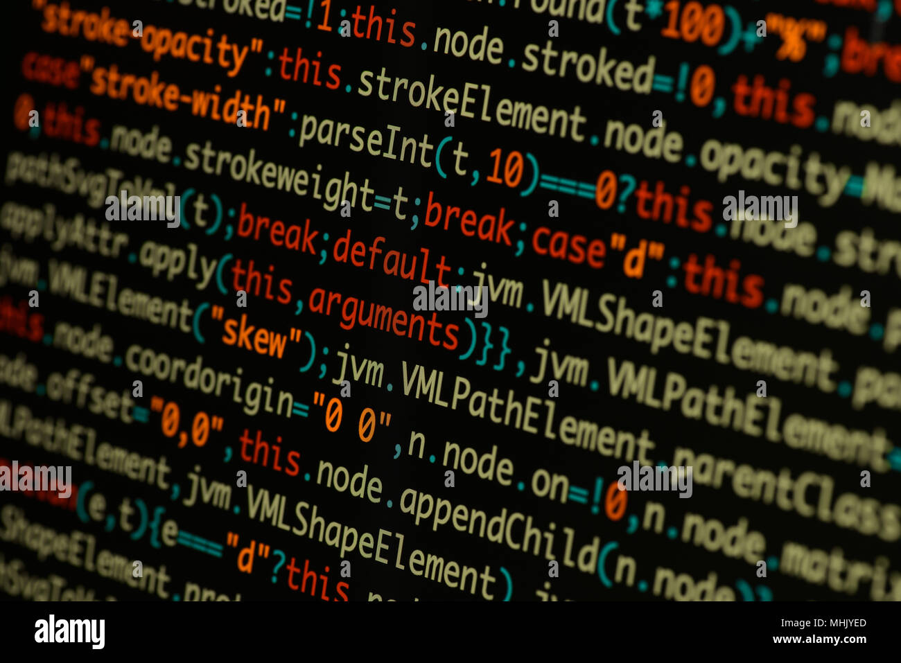 Real Java Script codice nella schermata di sviluppo. Flusso di lavoro di programmazione algoritmo astratto concetto. Primo piano di Java Script e codice HTML. Foto Stock