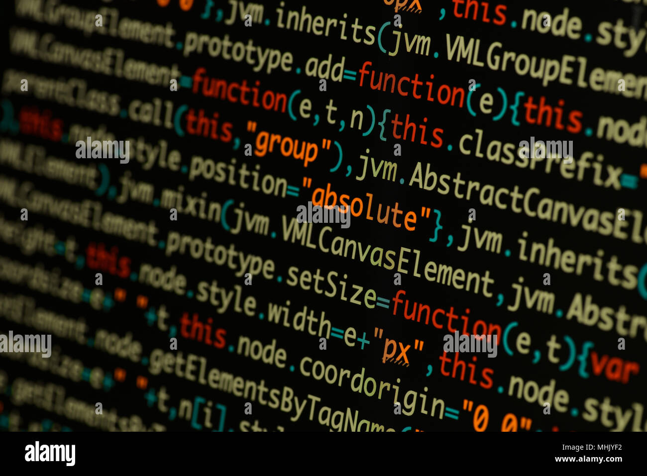 Real Java Script codice nella schermata di sviluppo. Flusso di lavoro di programmazione algoritmo astratto concetto. Primo piano di Java Script e codice HTML. Foto Stock