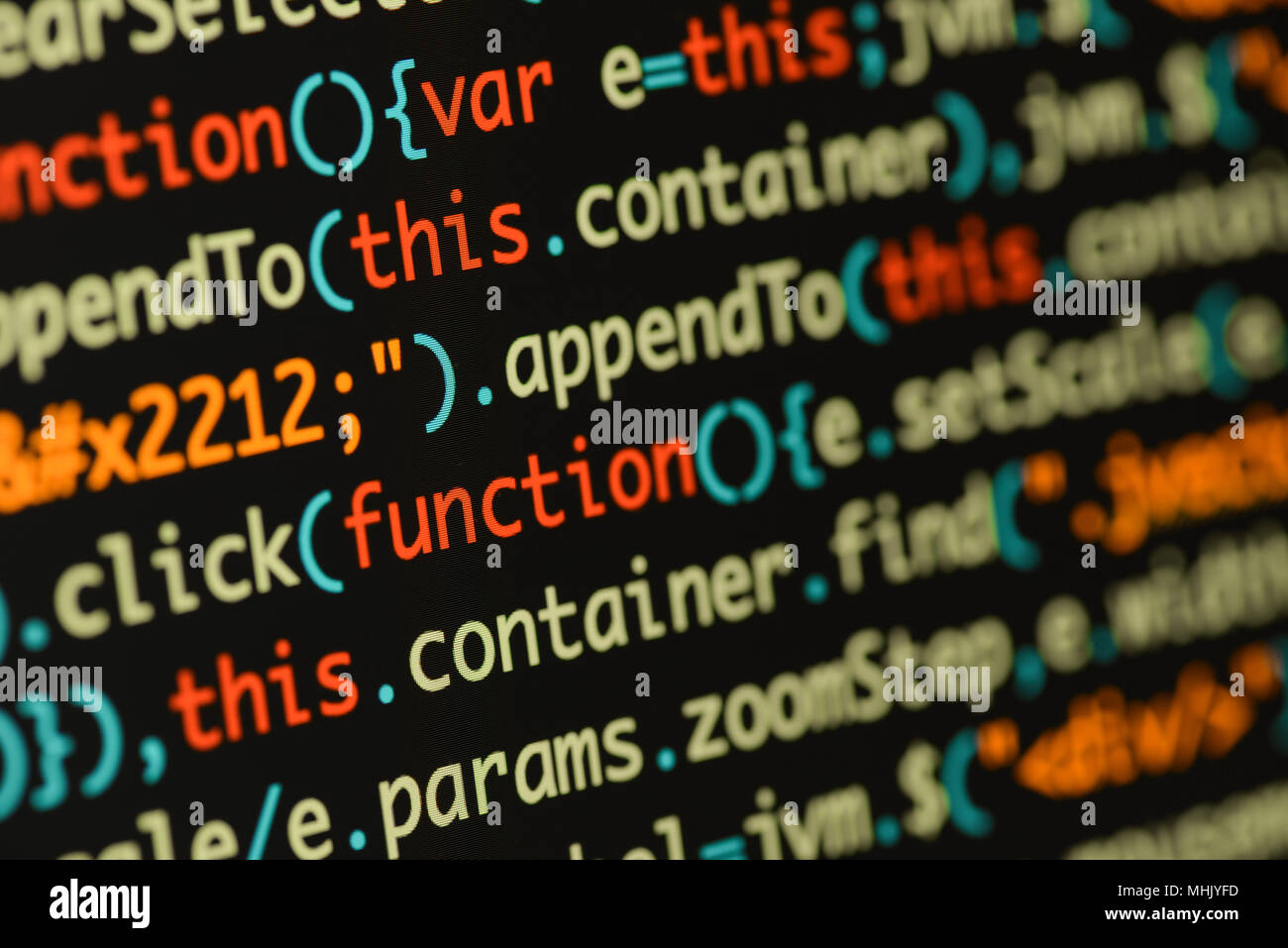 Real Java Script codice nella schermata di sviluppo. Flusso di lavoro di programmazione algoritmo astratto concetto. Primo piano di Java Script e codice HTML. Foto Stock