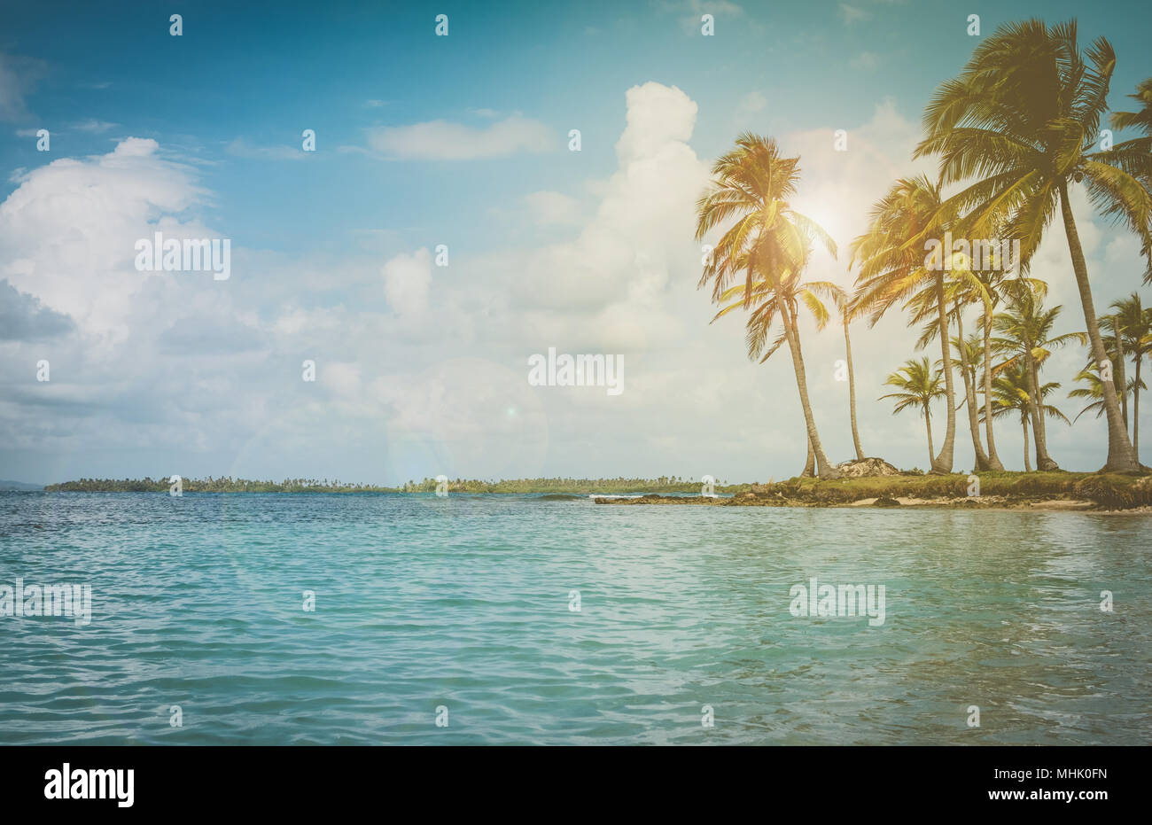 Isola tropicale paesaggistico - ocean palme e cielo blu Foto Stock