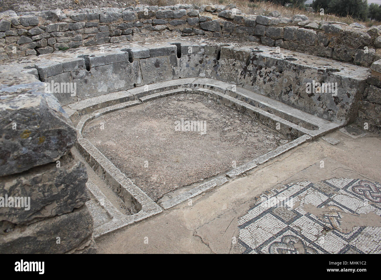 Le latrine pubbliche nella città di Dougga, uno dei siti Romani meglio preservati in Nord Africa. Foto Stock