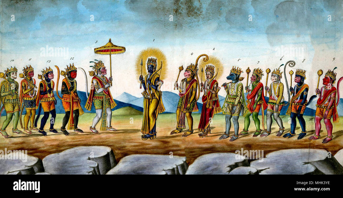 "Rāmacandra in piedi in un paesaggio roccioso con Laksmana e l'orso e monkey i capi del suo esercito" "Il capo di Rama-Chandra dell'esercito. 1. Rama Chandra. 2. Lacshman. 3. Re Sugriva. 4. Hoonoman. 5. Jambuvan. 6. Angada. 7. Arunda. 8. Nila. 9. Samrambha. 10. Nala. 11. Vanara. 12. Durvinda. 13. Rambha.". Foto Stock