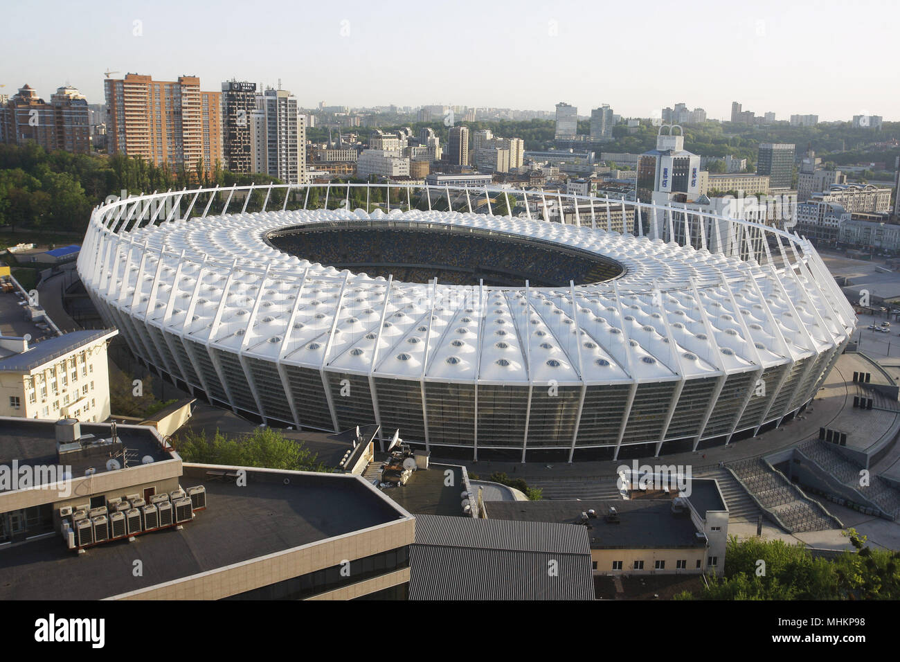 Kiev, Ucraina. Il 2 maggio, 2018. Vista generale del Olimpiyskiy Stadium,  sede della finale della UEFA Champions League 2018, a Kiev, in Ucraina, il  02 maggio 2018 . Kiev ospiterà la finale