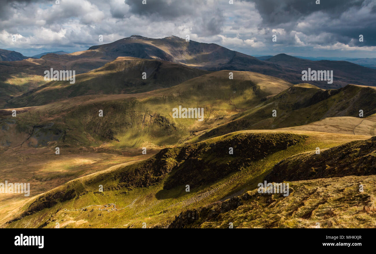Snowdon massiccio da Moel Eilio, Galles Foto Stock