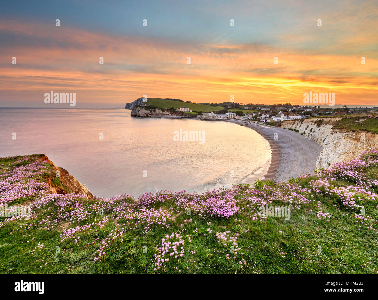 Panorama sul mare, rosa, rosa parsimonia presso la costa della Baia di acqua dolce Foto Stock