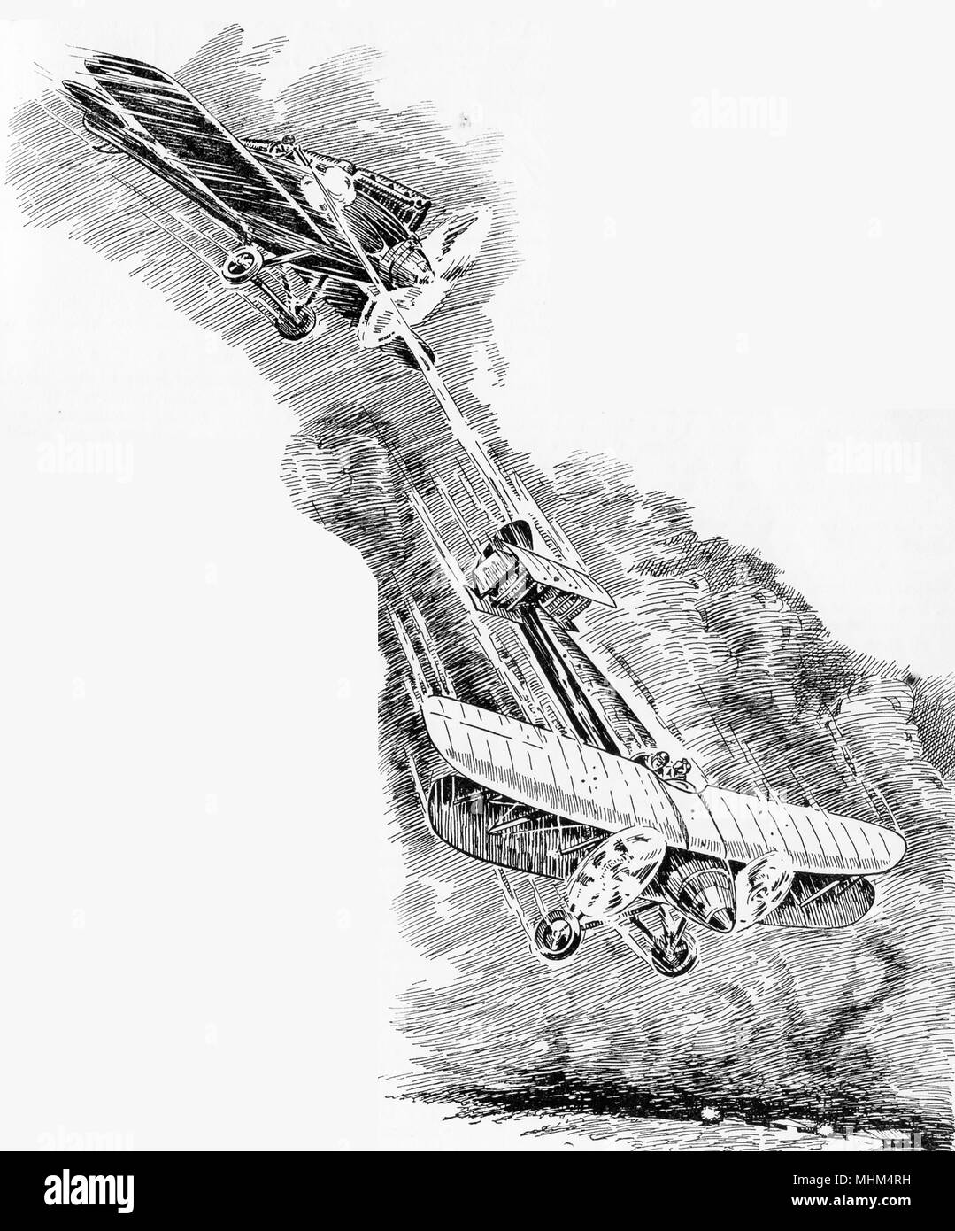 1930 Immagine di un biplano britannico di essere abbattuto da un aereo nemico Foto Stock