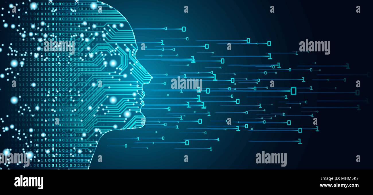 Dati di grandi dimensioni e di intelligenza artificiale concetto. La macchina di apprendimento e cyber mente il concetto di dominazione in forma di uomini faccia profilo di contorno con circuito di cinghiale Illustrazione Vettoriale