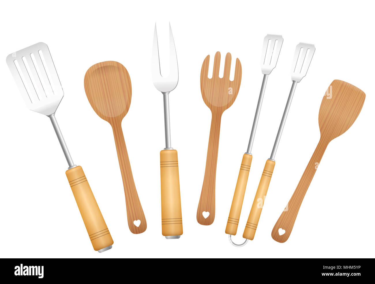 Strumenti di barbecue e insalata di server. Affascinante vintage barbecue utensili. Pinze, spiedo, forchetta, cucchiaio e spatole - illustrazione su bianco backg Foto Stock