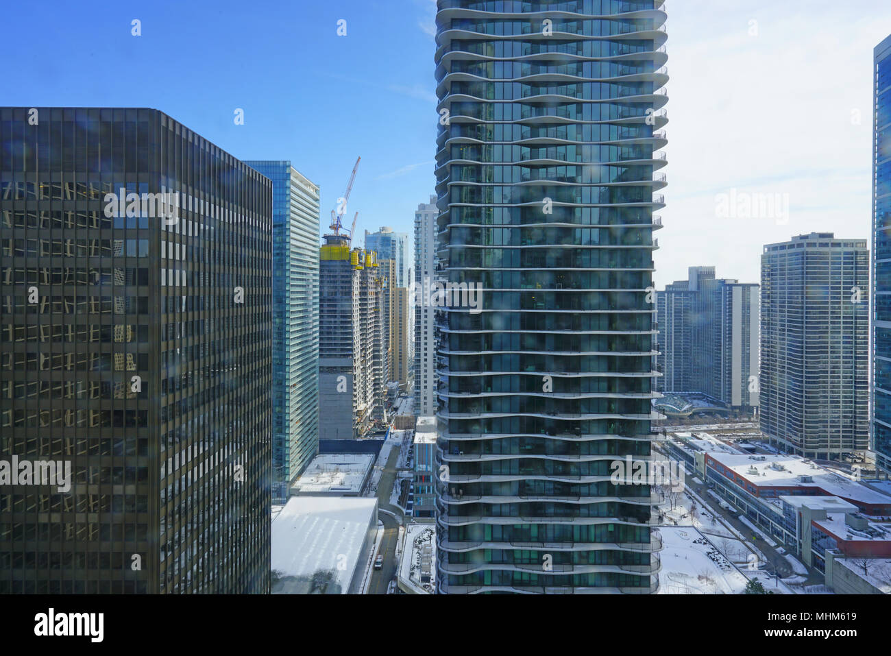 Vista del cantiere della torre vista, un grattacielo supertall essendo costruito in Chicago, Illinois su Wacker Drive da Studio pista architetti. Foto Stock