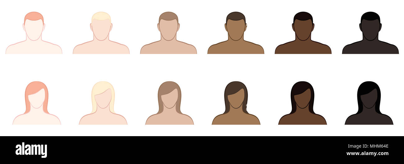 Carnagione. Diversi i toni della pelle e i colori dei capelli di uomini e donne. Molto leale, equo, medie, oliva, marrone e nero - illustrazione in bianco. Foto Stock