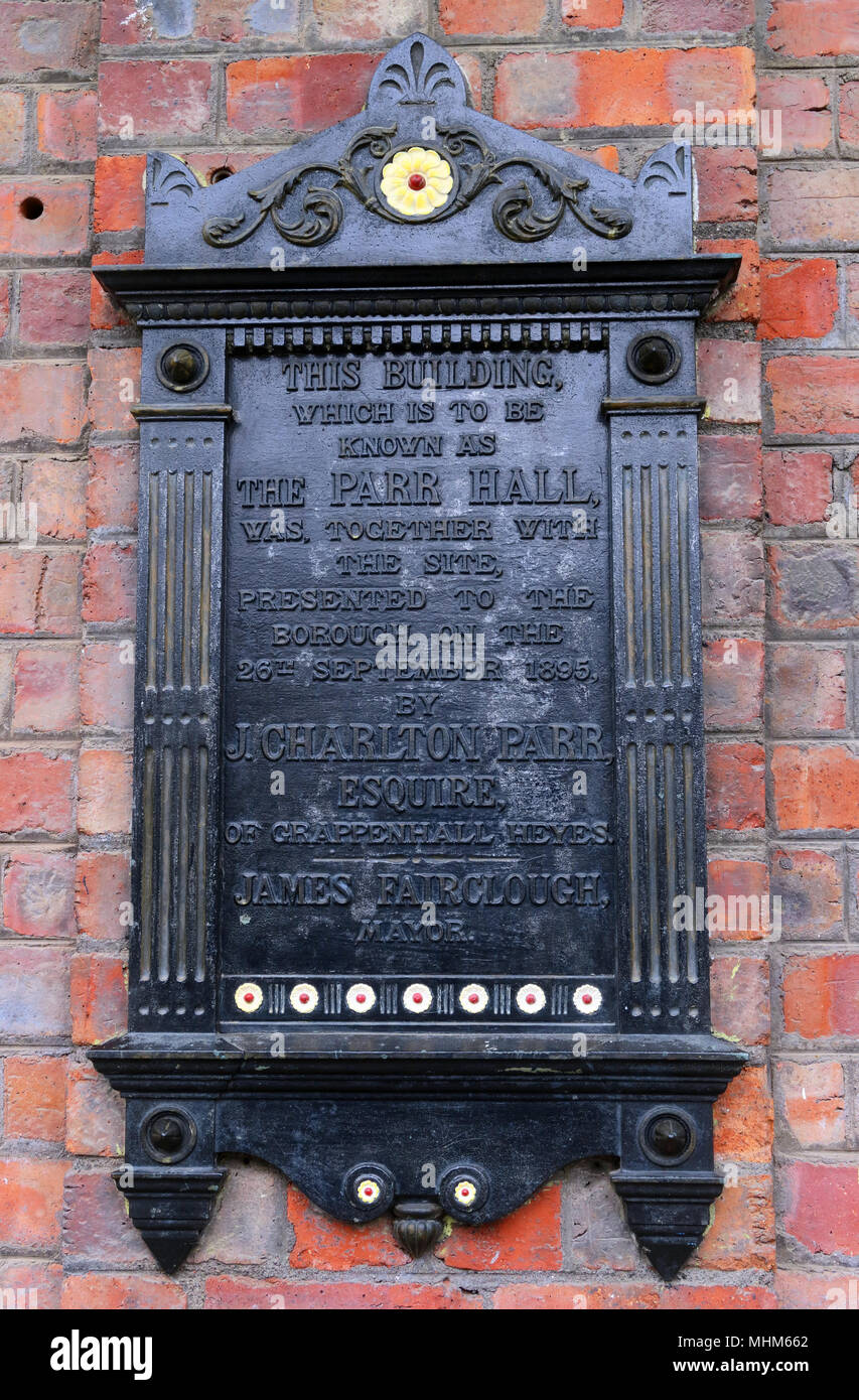 La sala Parr Warrington, placca North West England, Regno Unito Foto Stock