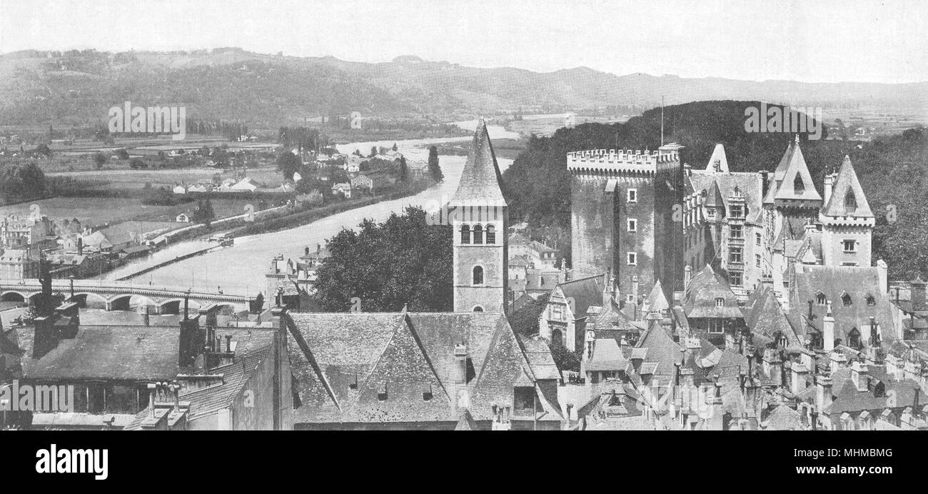 PYRÉNÉES ATLANTIQUES-. Le Chateau et le Gave de Pau 1900 antica stampa Foto Stock