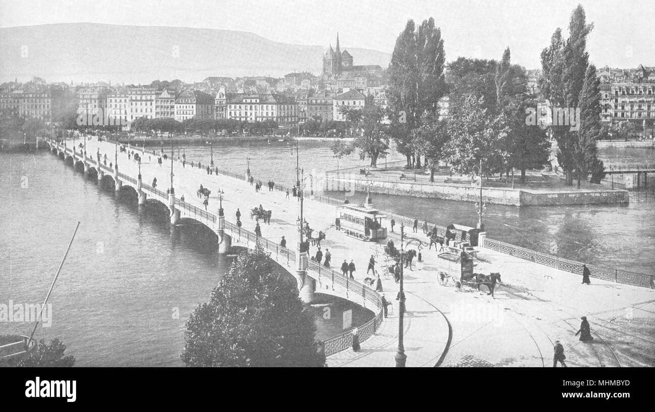 La Svizzera. Genève. Le Pont du Mont-Blanc et l'ile Rousseau 1900 antica stampa Foto Stock