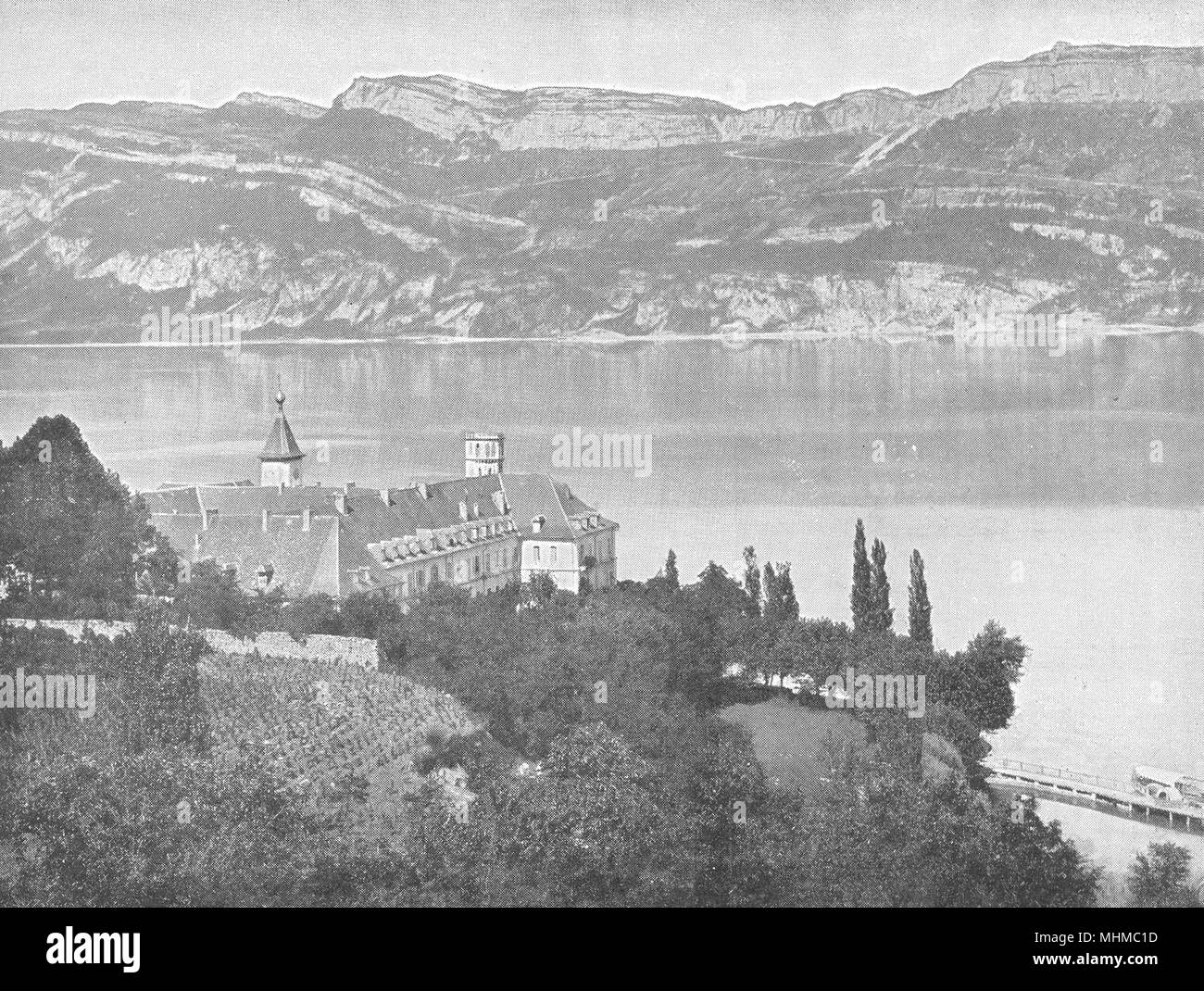 SAVOIE. Abbaye de Hautecombe et Lac du Bourget (Savoie) 1900 antica stampa Foto Stock