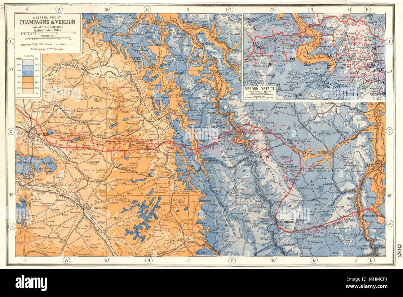 Guerra Mondiale 1.Western Front Champagne Verdun. 1916-17 linee di battaglia 1920 mappa vecchia Foto Stock