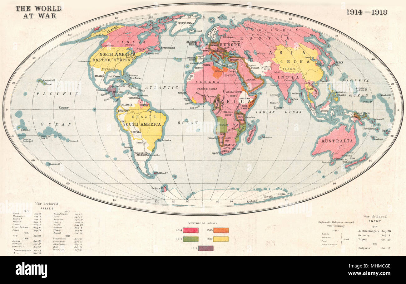 La prima guerra mondiale.World at War 1914-1918; indica l'anno di entrata in guerra 1920 mappa Foto Stock