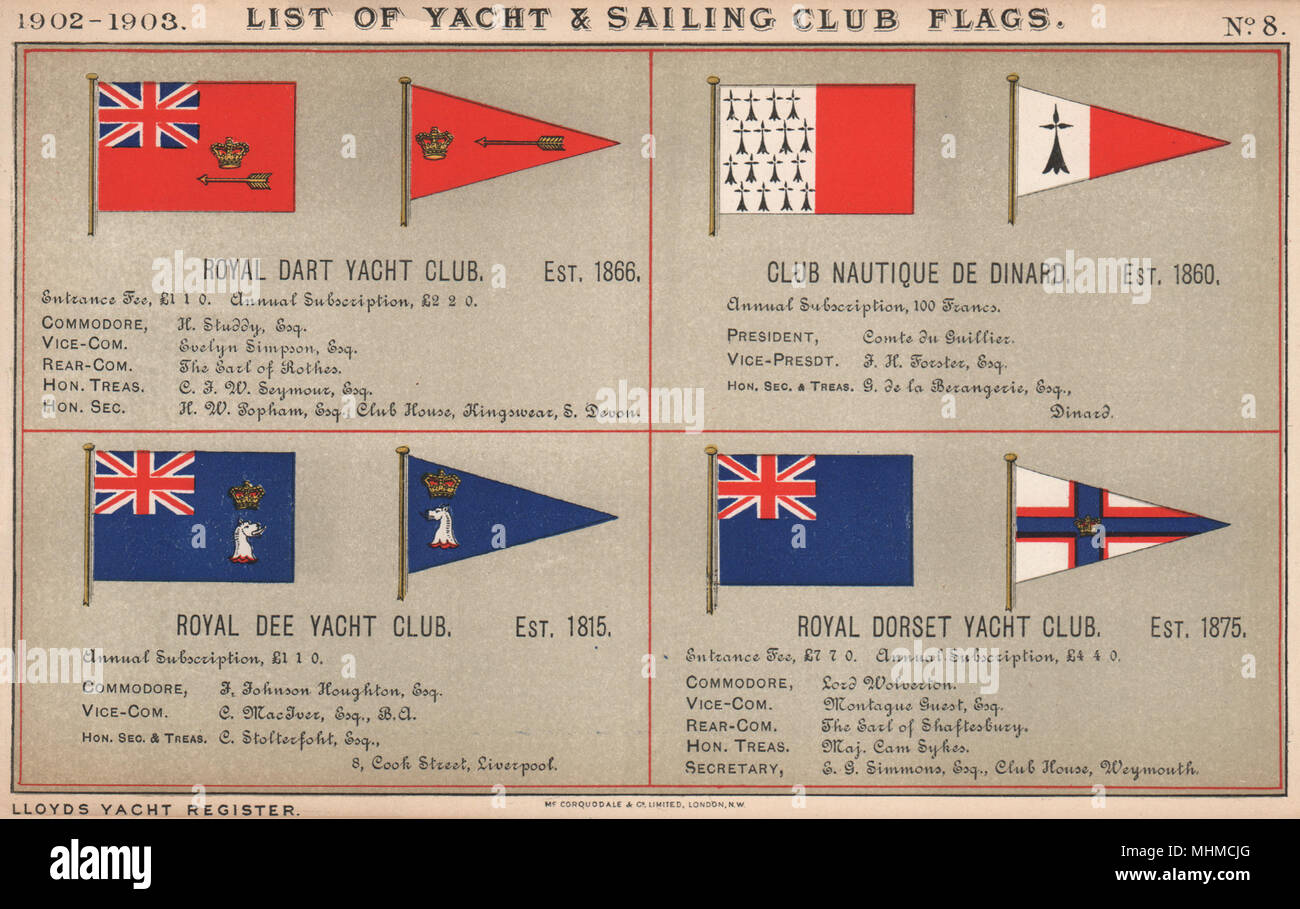 ROYAL YACHT/Club vela Bandiere. Dart. Club Nautique de Dinard. Dee. Il Dorset 1902 Foto Stock