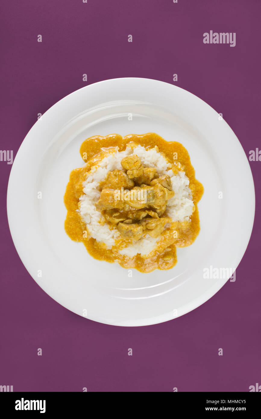 Piatto semplice da India. Chicken Korma. Pollo su un poco speziato di noce di cocco salsa cremosa servito con riso su piastra bianca. Foto Stock