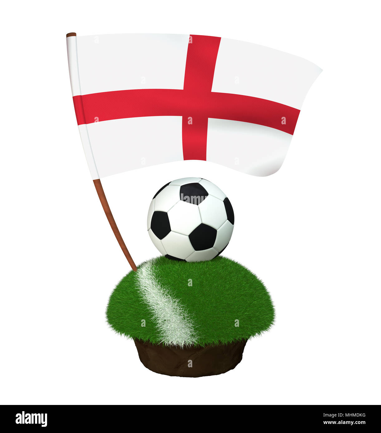 Un bianco e nero palla rotonda per giocare a calcio e la bandiera nazionale di Inghilterra si trova in un tratto di un campo di calcio con prato verde e un Foto Stock