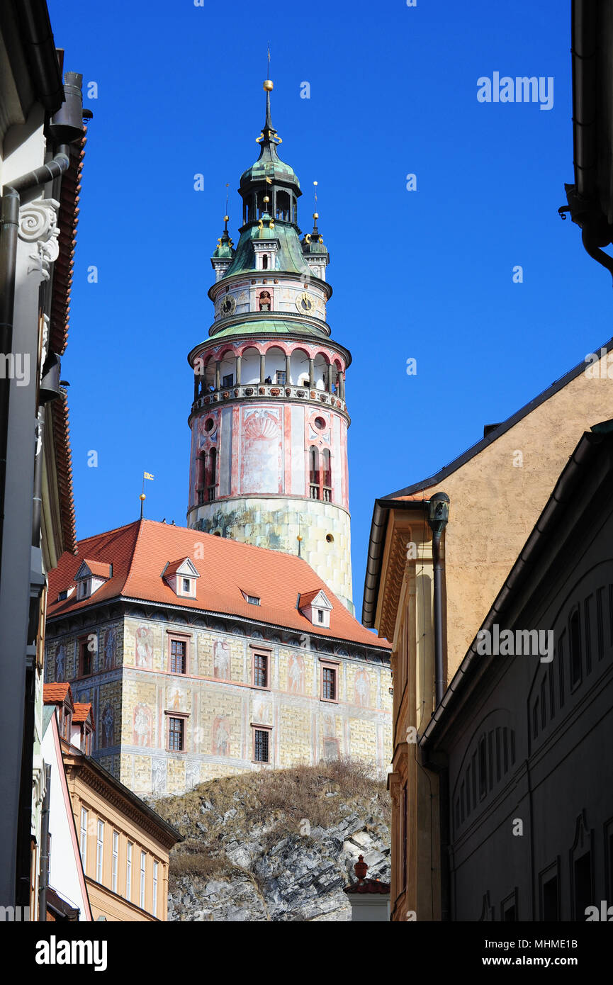 Cesky Krumlov Castle Tower, Bohemia Repubblica Ceca Foto Stock