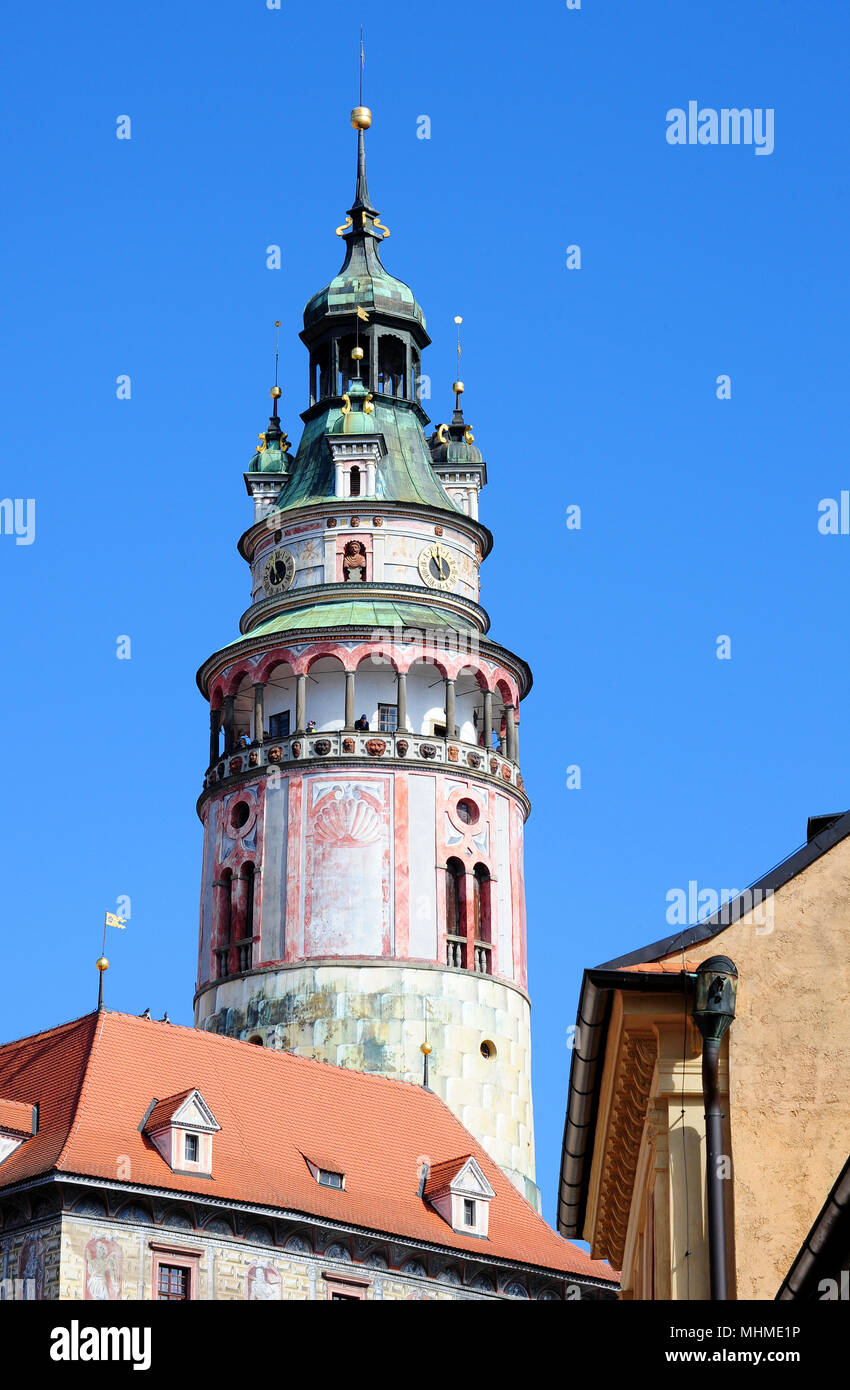 Cesky Krumlov Castle Tower, Bohemia Repubblica Ceca Foto Stock