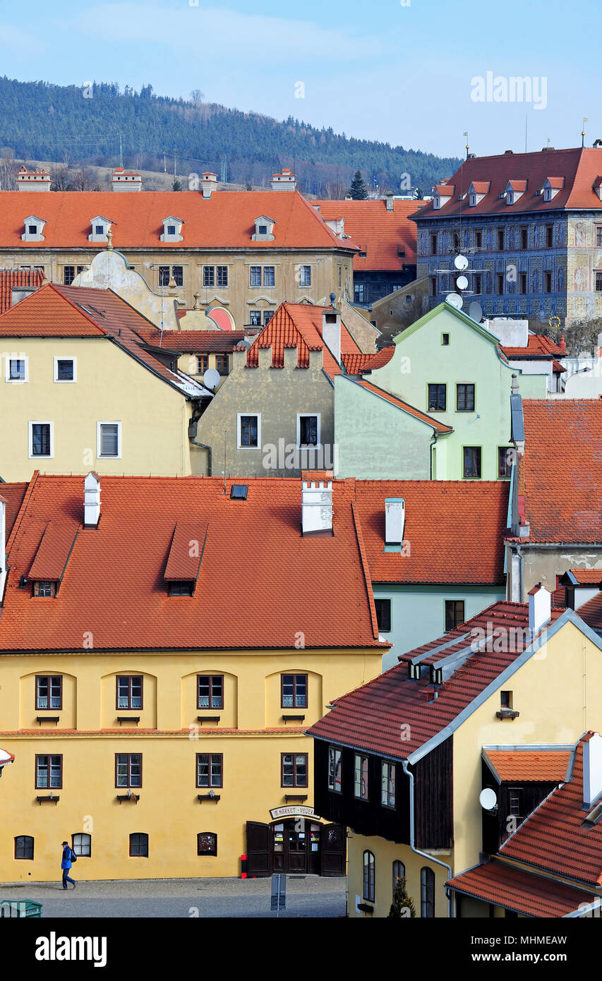 Case colorate nella storica città di Cesky Krumlov Foto Stock