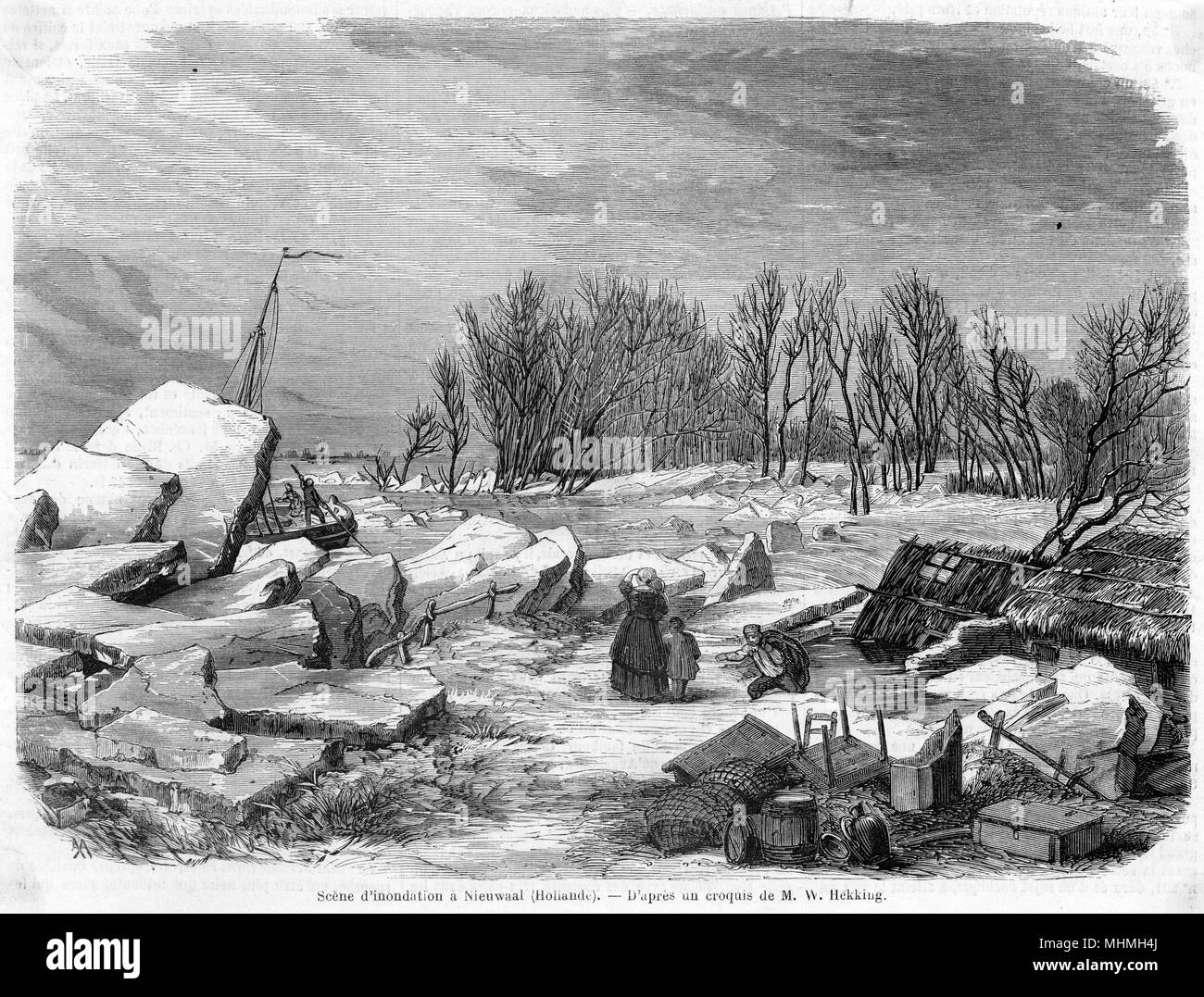 Una scena di inondazione in Nieuwaal in Olanda - pochi beni sono stati salvati dal case inondate data: 1861 Foto Stock