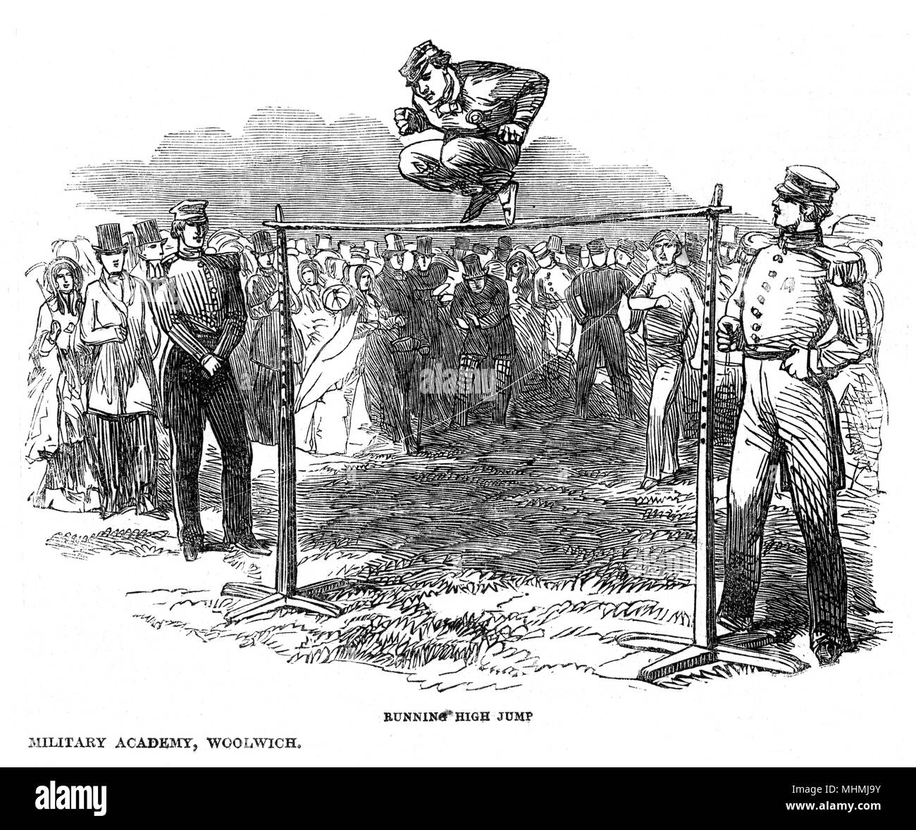 I giochi atletici presso la Reale Accademia Militare, Woolwich : l'esecuzione di salto in alto data: 1850 Foto Stock