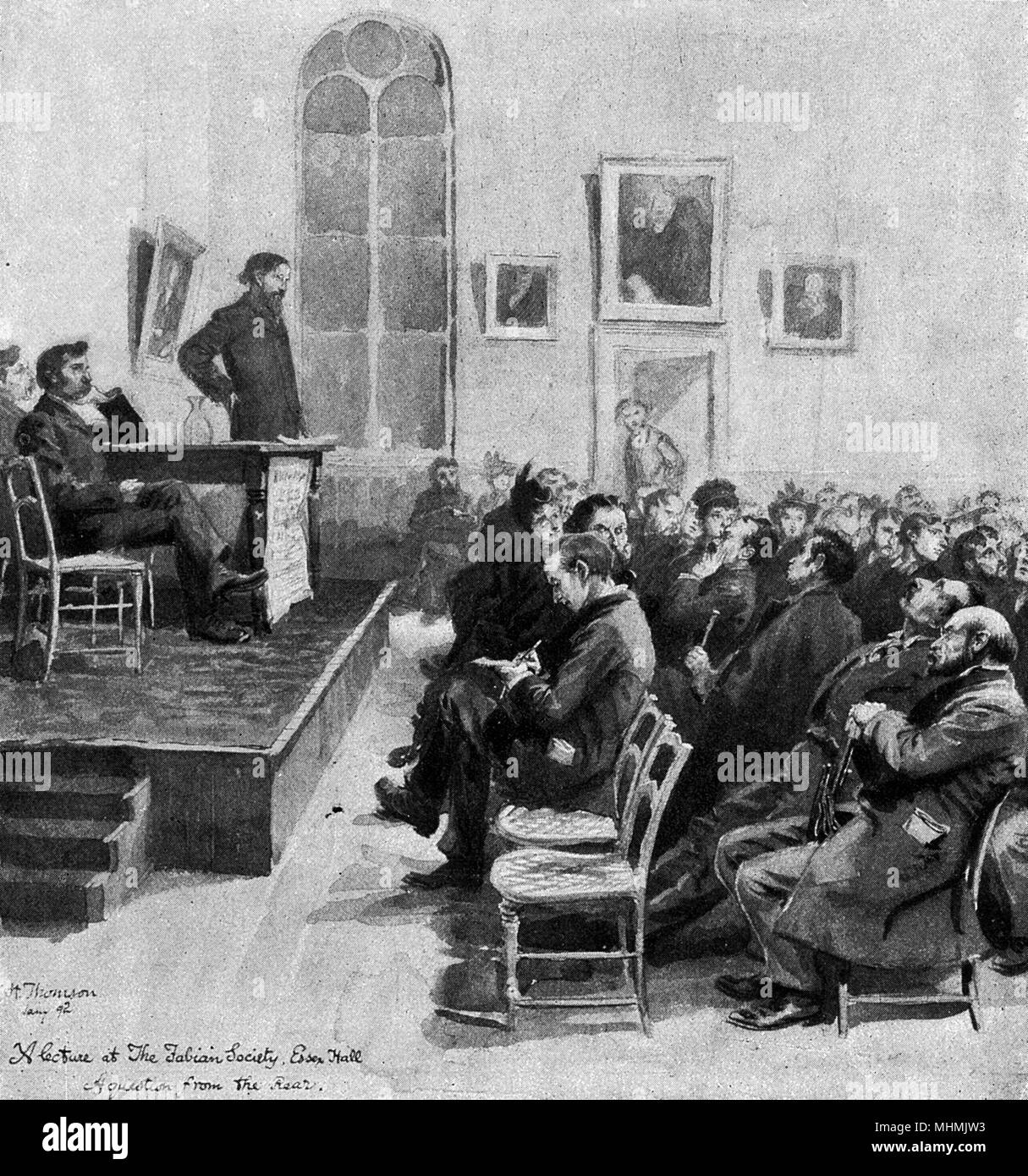 Una riunione della Fabian Society a Essex Hall di Londra: la società favorisce la graduale introduzione pacifica del socialismo, piuttosto che da una rivoluzione violenta data: 1892 Foto Stock